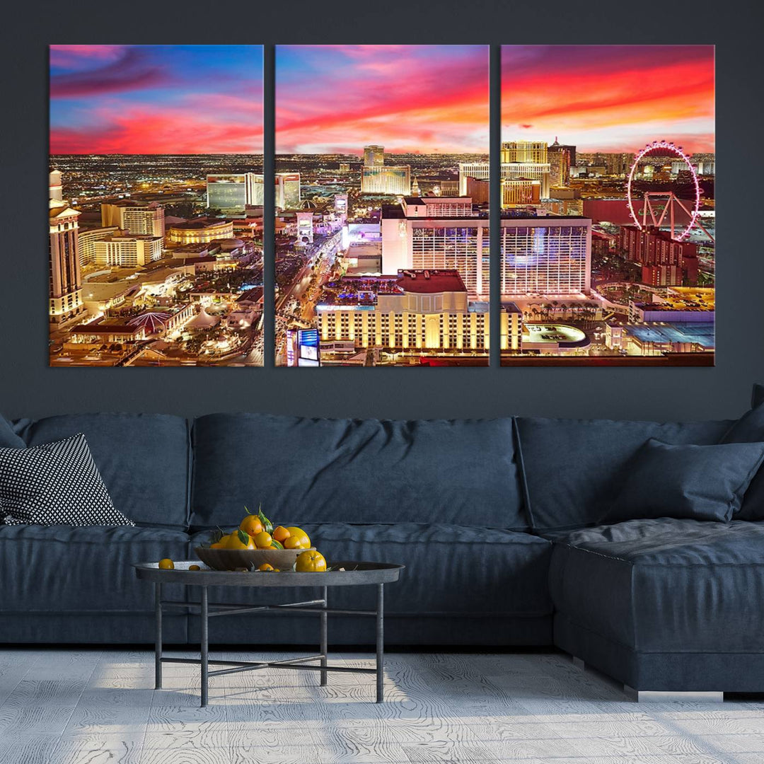 Las Vegas Wall Art Canvas Print depicting a vibrant cityscape at dusk on museum-quality canvas with a UV-protective coating, showcasing a skyline with colorful clouds.