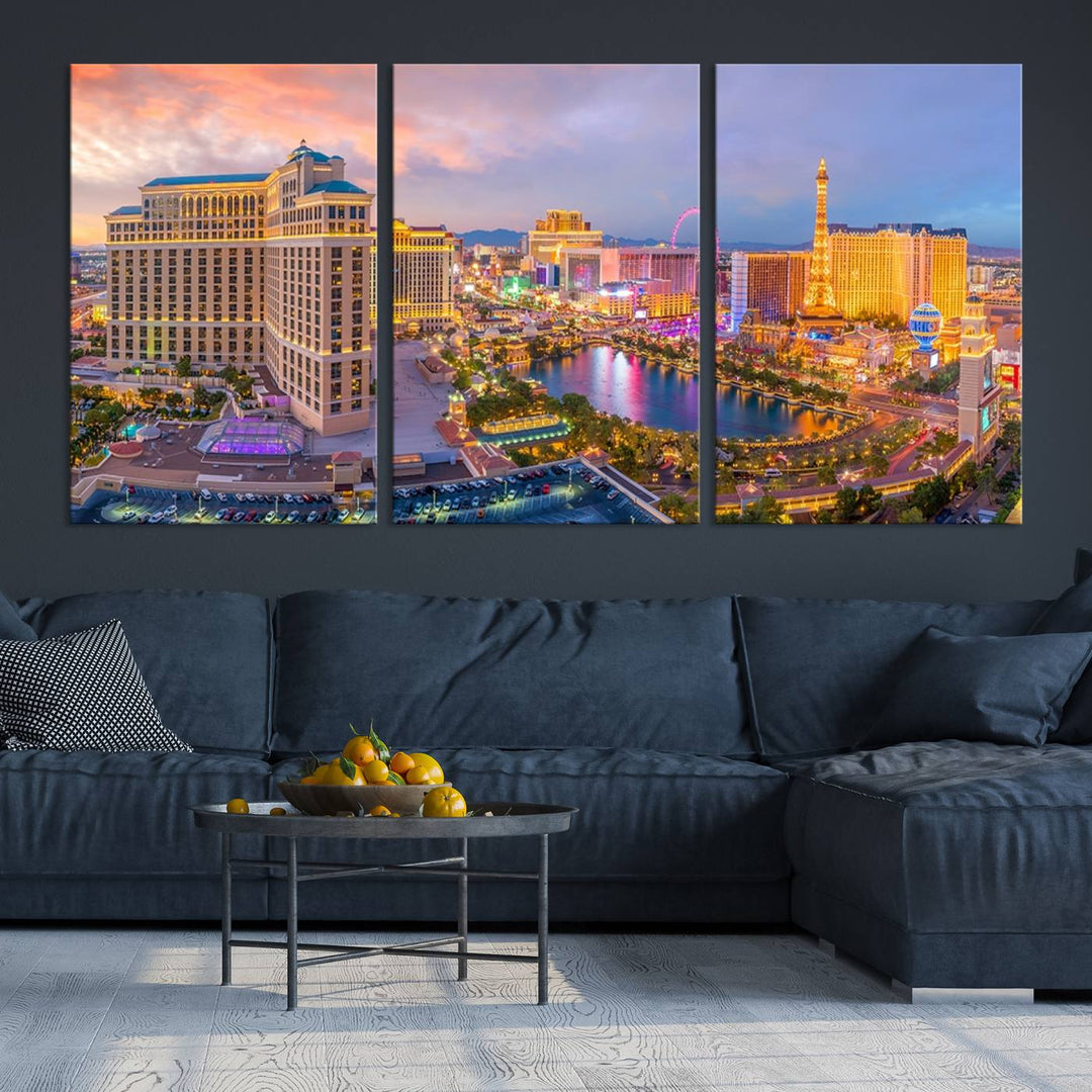 The gallery-wrapped triptych of the Las Vegas Wall Art Canvas Print, depicting the colorful skyline at sunset, adds a vibrant touch to the room. This artwork is crafted on museum-quality canvas and features a UV-protective coating for lasting durability.