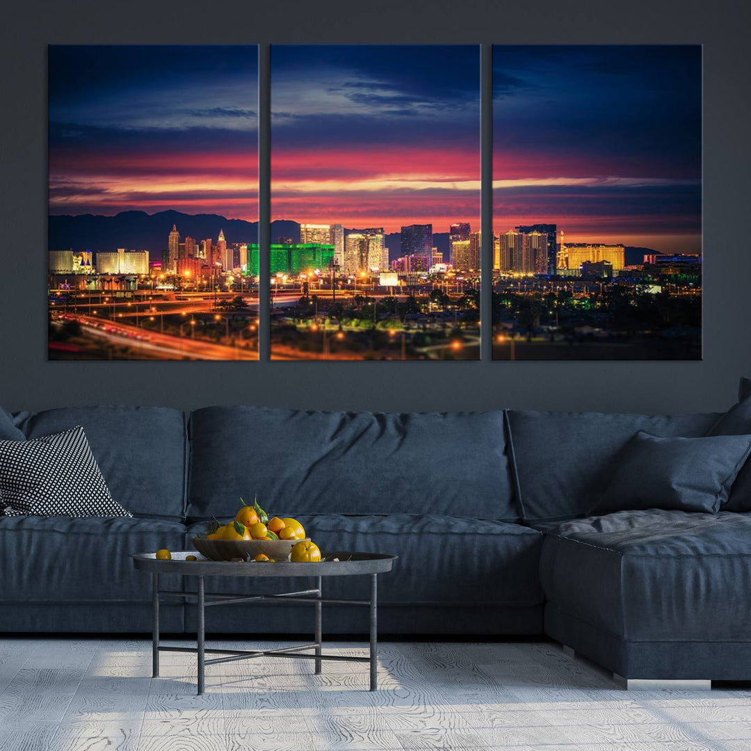 The living room is adorned with the Las Vegas Wall Art Canvas Print, a triptych showcasing a cityscape at sunset. This piece is crafted on museum-quality canvas and protected by a UV-coated finish, highlighting the craftsmanship of a skilled professional.