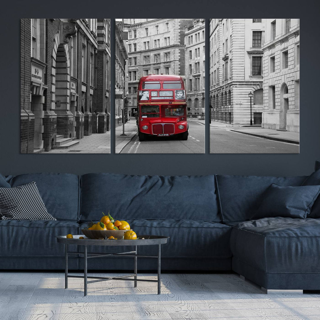 The living room features museum-quality London Red Bus Wall Art, showcasing a split canvas print of a red bus on a black and white city street. This artwork is ready to hang and includes a UV-protective coating to ensure long-lasting vibrance.