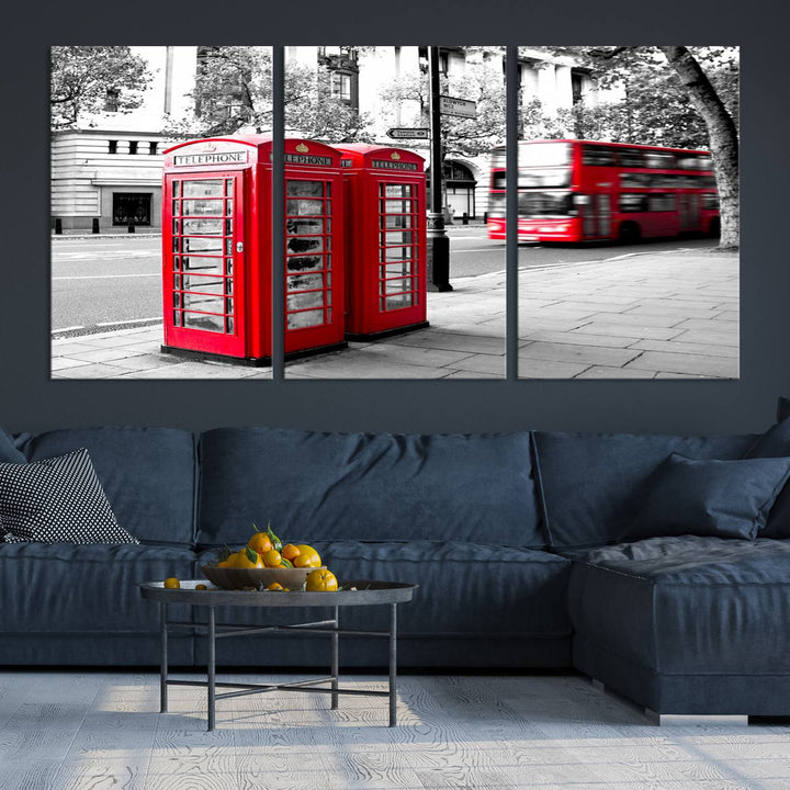 The London Red Bus and Phone Club Wall Art, a vivid night canvas print featuring iconic red buses and phone booths, is elegantly showcased on gallery-wrapped, museum-quality material. With its UV-protective coating, this captivating piece infuses your space with the charm of London.