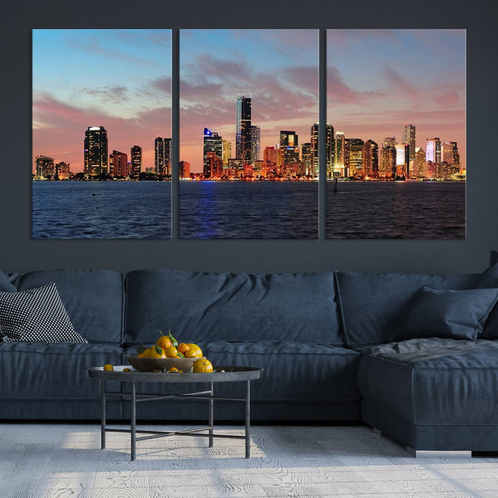 The Wall Art MIAMI Canvas Print emphasizes a vibrant cityscape at sunset. This artwork is presented on museum-quality canvas with gallery-wrapped edges, ensuring it stands out while maintaining its pristine condition for years to come.