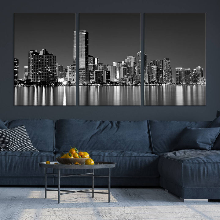 The Miami City Wall Art Canvas Print, a stunning triptych of the Miami skyline, elegantly hangs in this modern living room.