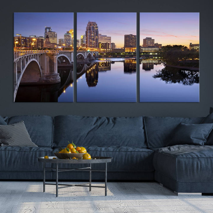 Display the Minneapolis Wall Art Canvas Print, featuring the Minnesota cityscape at dusk, on gallery-wrapped, museum-quality canvas.