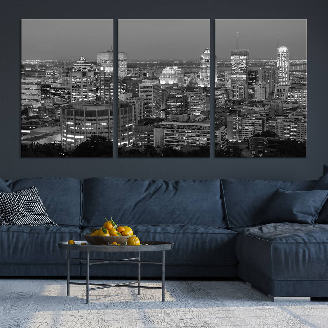 The gallery-wrapped, museum-quality canvas print features the Montreal Canada City Wall Art, showcasing a cityscape at night in black and white.