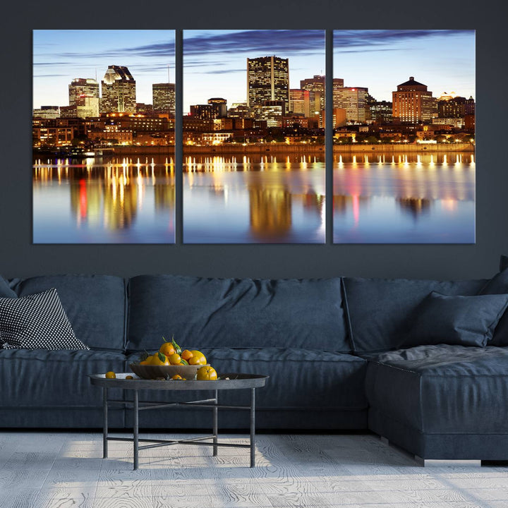 A Montreal Canada City Wall Art Canvas Print, depicting the cityscape at dusk and reflecting in calm waters, is crafted with museum-quality canvases and a UV-protective coating. This remarkable piece guarantees vibrant colors that remain stunning and ready to hang for years to come.