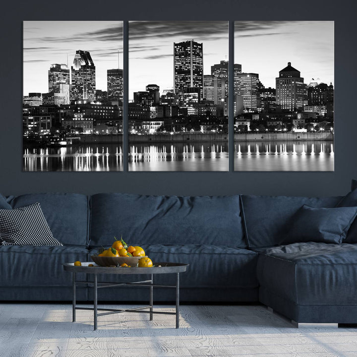 The contemporary living room features the Montreal Canada City Wall Art Canvas Print, an elegantly gallery-wrapped triptych on museum-quality canvas, prominently hung above.