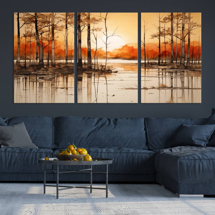 An Abstract Watercolor Trees and Sunset on Lake Wall Art Canvas Print, created on museum-quality canvas.