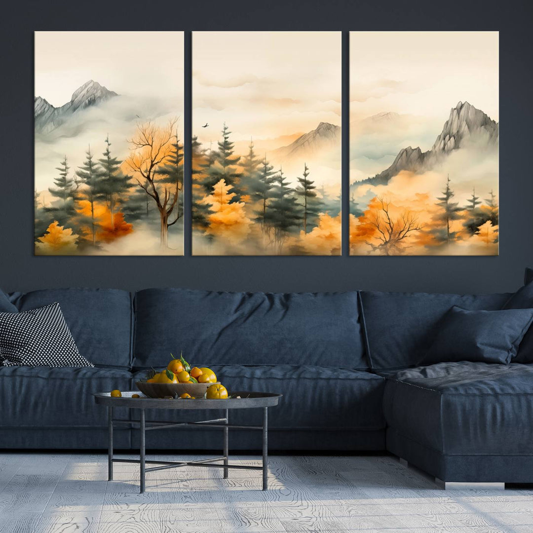 Gallery-wrapped on museum-quality canvas, the Abstract Watercolor Mountains and Trees Autumn painting displays a serene mountain landscape with autumn-colored trees.