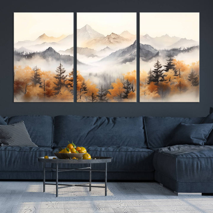 Art mural abstrait aquarelle montagnes et arbres automne