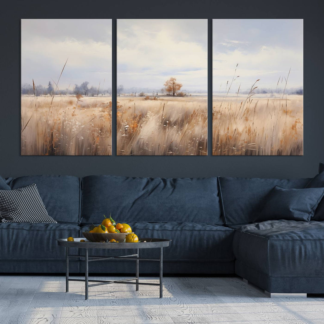 The modern living room features the Golden Fields Canvas Wall Art Print – Serene Landscape of Nature’s Tranquility in Minimalist for Farmhouse Decor, showcasing serene golden fields that enhance the calming ambiance.