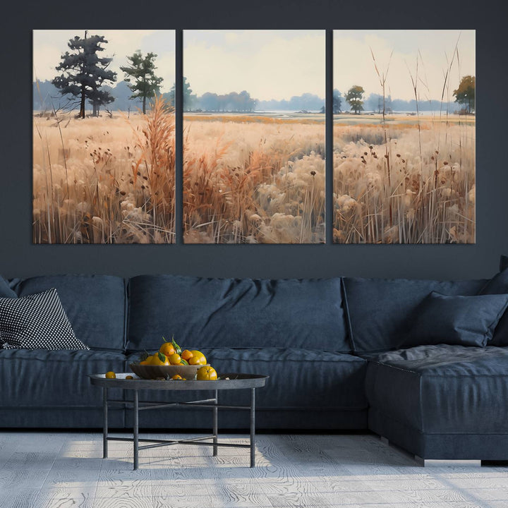 The Golden Fields Canvas Wall Art Print, a serene depiction of nature's tranquility in minimalist modern decor style, graces the wall with its calming presence.