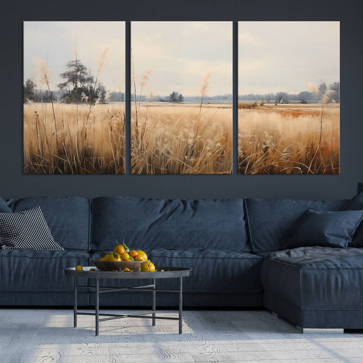 A Wildflower Field Landscape Oil Painting, showcasing a vintage art print of a serene field with tall grasses and distant trees, is beautifully presented on museum-quality canvases with gallery-wrapped edges.