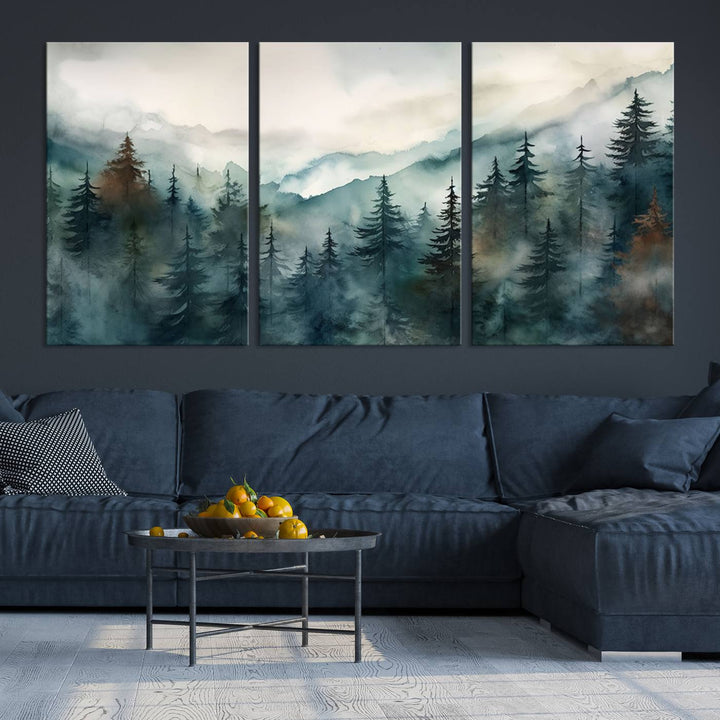 A set of Serenity Forest Wall Art Canvas prints, showcasing foggy mountain landscapes, is displayed in the living room.