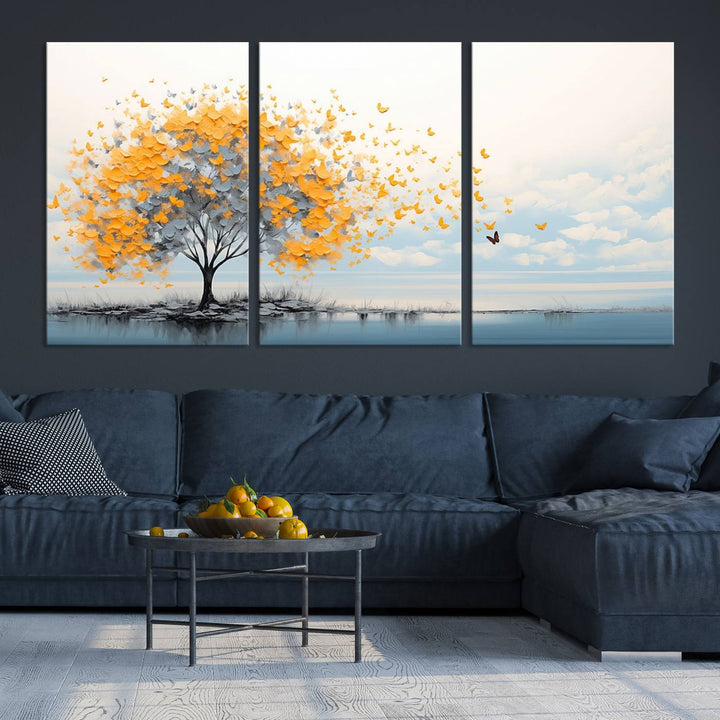 A Butterfly Tree Wall Art Canvas, featuring a modern tree adorned with yellow butterflies, decorates the wall.