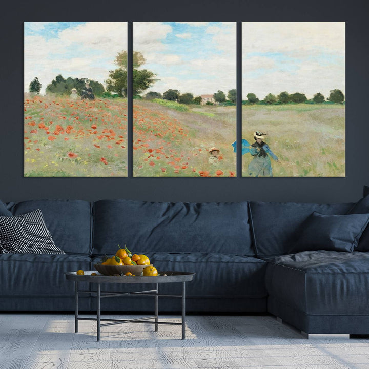 The Claude Monet The Poppy Field Canvas Print features a scene of a serene meadow with blooming flowers and a woman and child. It is printed on museum-quality canvas with UV-protective coating.