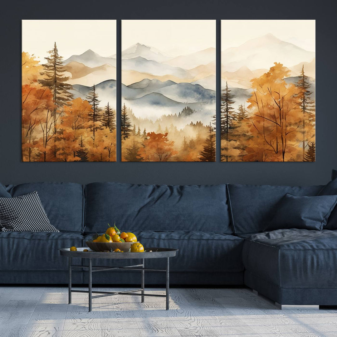 Abstract Mountain Mist Canvas Wall Art – Tranquil Autumn Forest and Misty Peaks - Ready to Hang