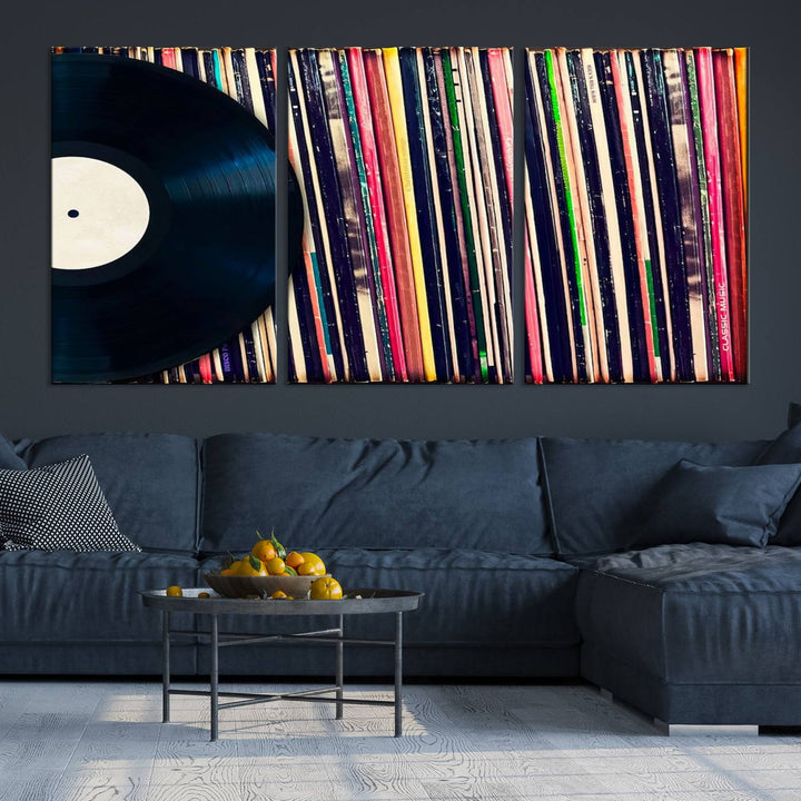 The room showcases the "Vinyl Record and Album Collection Canvas Wall Art," a perfect retro music decor piece for vintage vinyl lovers.