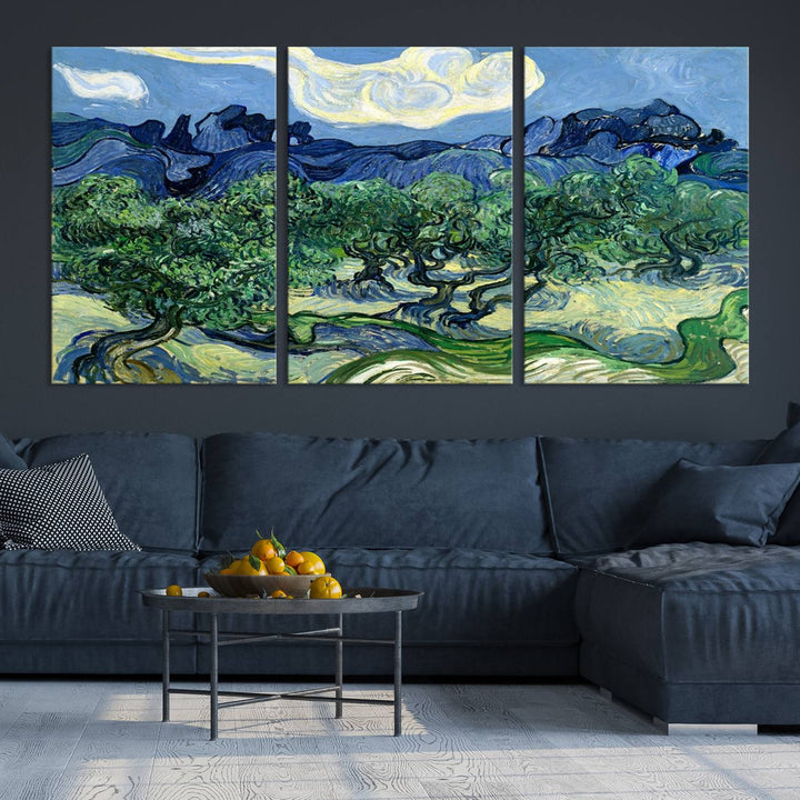 The Olive Trees Van Gogh Wall Art Canvas Print enhances the living room with its vivid landscape on museum-quality canvas, complete with a UV-protective coating.