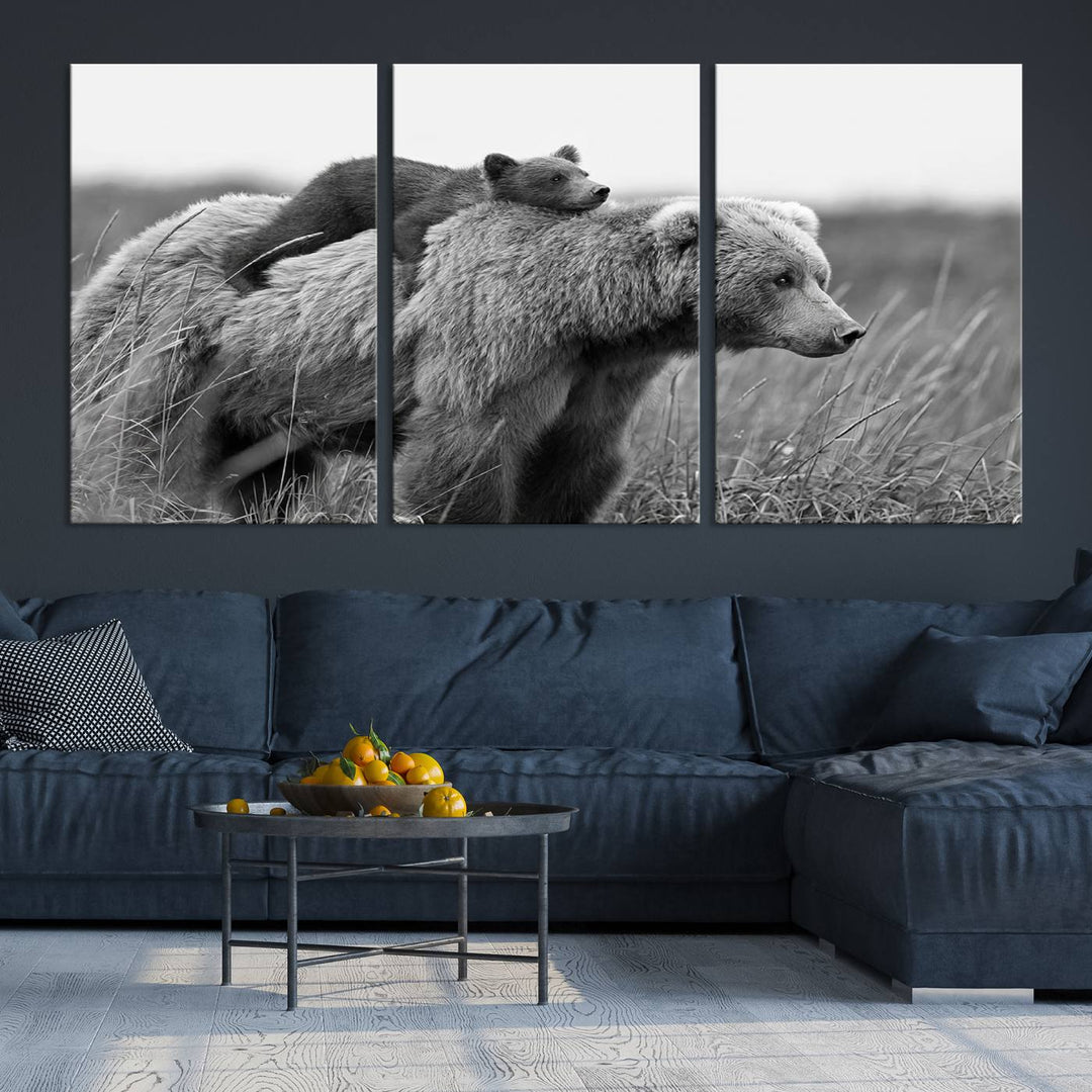 Baby Bear and Mom Bear Family Black & White Canvas Print Wall Art Canvas