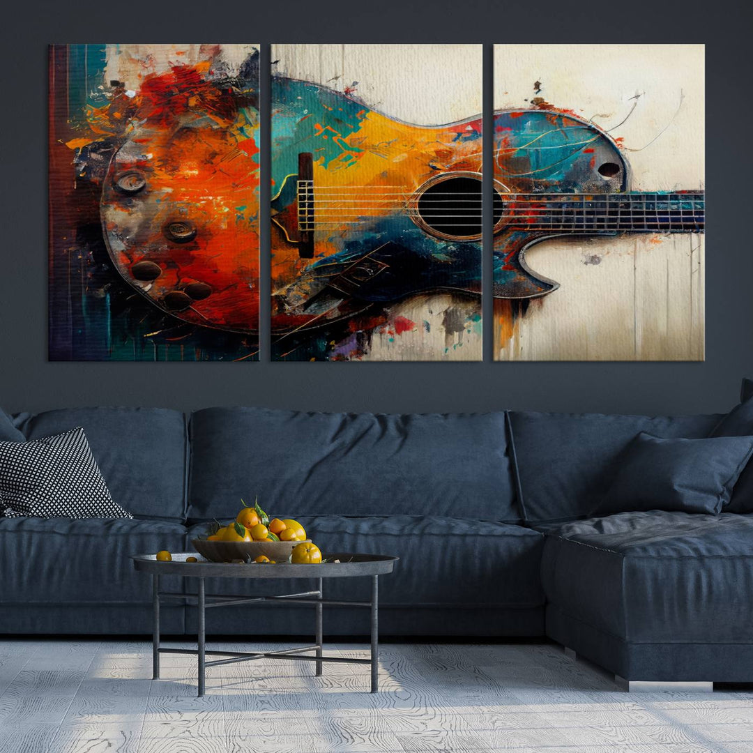 Abstract Guitar Wall Art Canvas | Vibrant Music-Inspired Art for Living Room or Studio | Colorful Music Decor Canvas Print