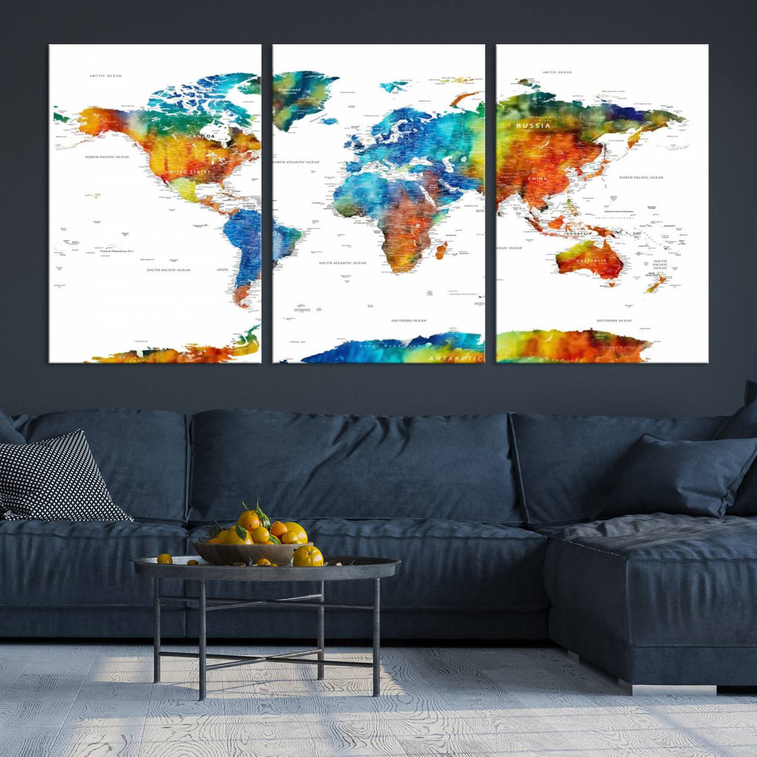 Mixcolor World Map Wall Art Canvas Print, showcasing vibrant colors and a gallery-quality finish.