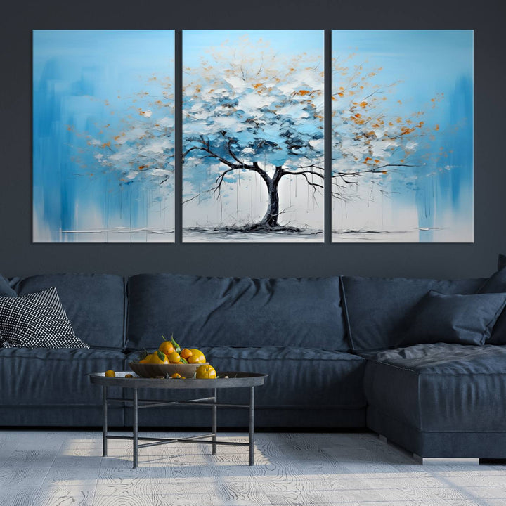 Modern living room featuring the Large Blue Abstract Tree Wall Art Canvas Printing. Enjoy the elegance with free shipping.