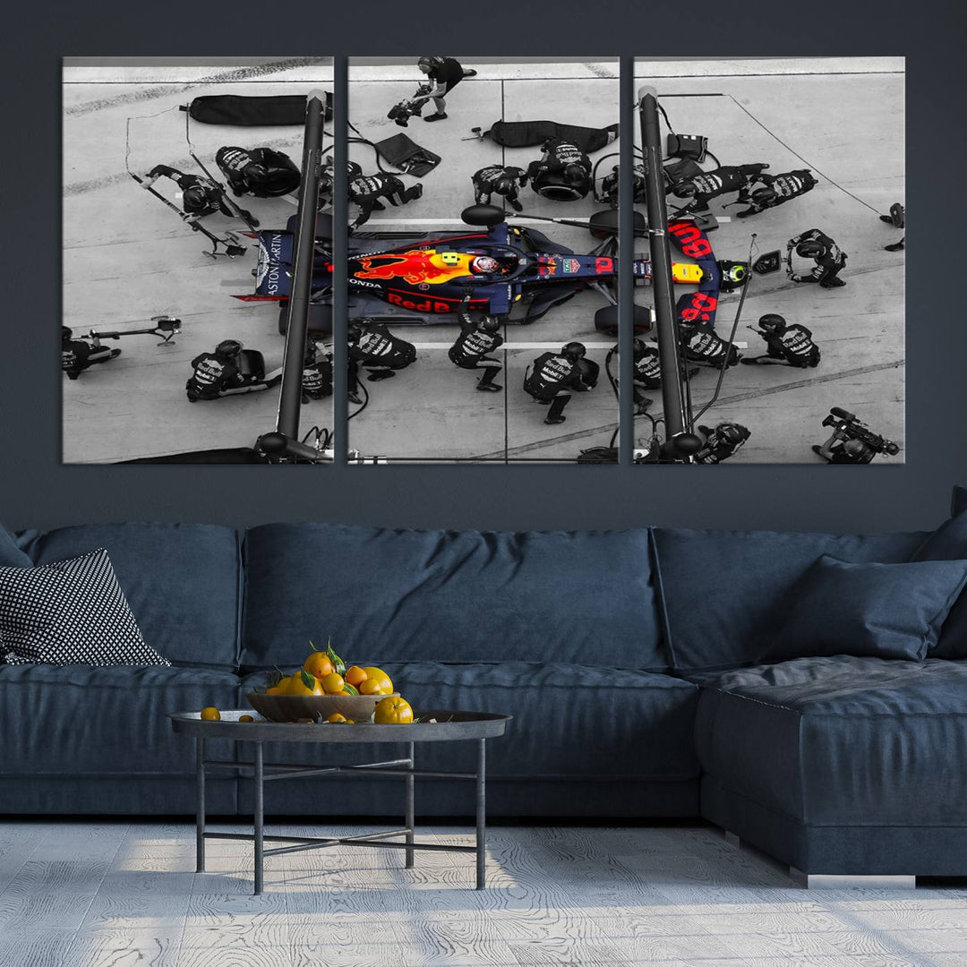 The RedBull Formula 1 Canvas Wall Art Print, a set of three gallery-quality pieces, elegantly adorns the wall.