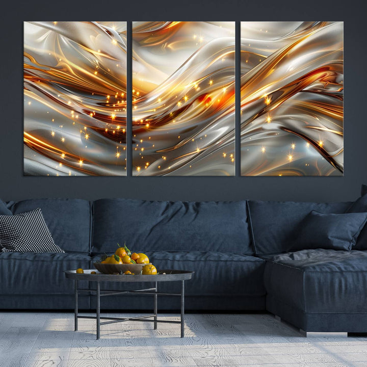 The Elegant Modern Gold Abstract Wall Art - Premium Framed Canvas Print for Home & Office Decor showcases a captivating triptych with swirling metallic designs and golden sparkles, perfectly enhancing contemporary interiors.