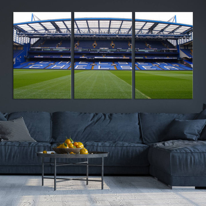 The Chelsea FC Soccer Team Print - Stamford Bridge Stadium Wall Art Canvas Print hangs elegantly, bringing the thrill of the game into your living room.