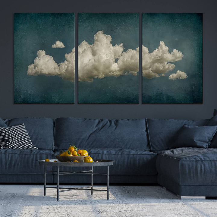 The Vintage Green Clouds Wall Art Canvas Print, set against a teal backdrop, showcases breathtaking canvas artwork with a gallery-quality finish.