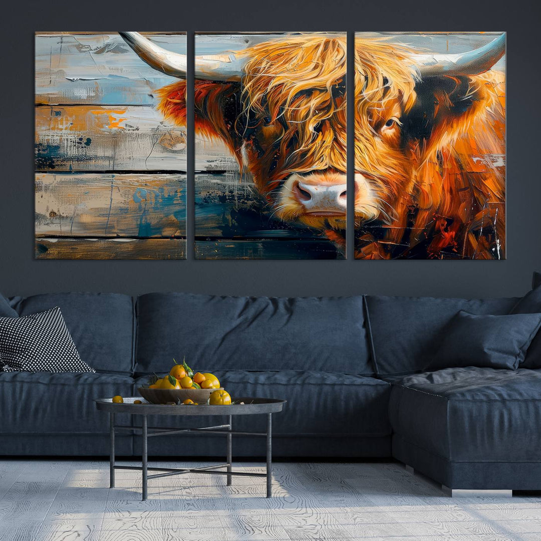 The Highland Cow Abstract Canvas Wall Art, a bold piece of farmhouse rustic decor, adds charm to the modern living room.