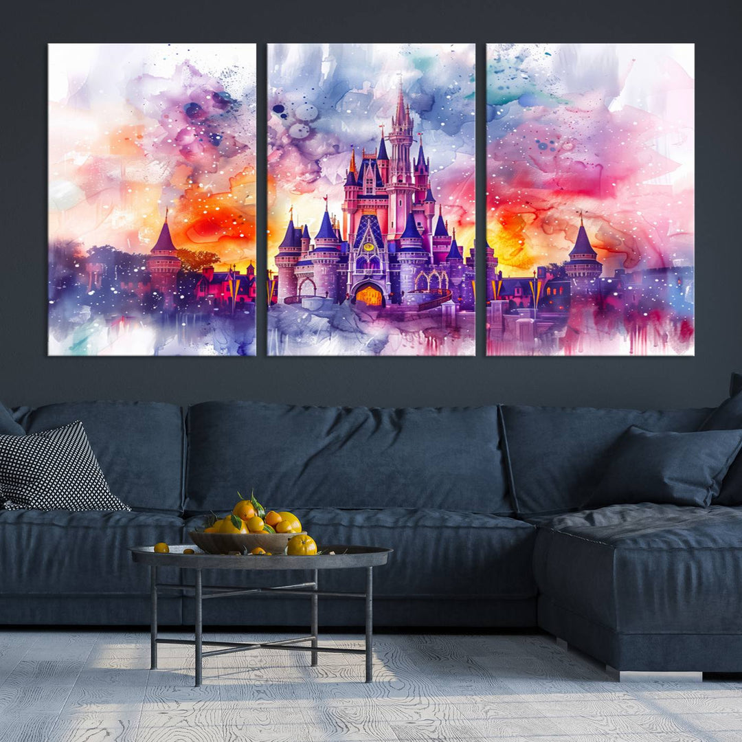 A vibrant piece of wall art depicting the Cinderella Castle from Disneyland, presented as a watercolor painting on premium canvas, is displayed.