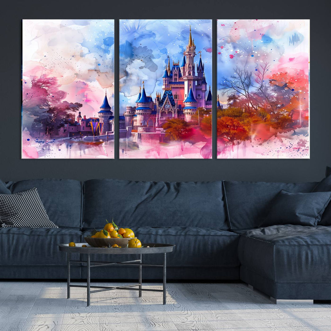 The Disney Wall Art: Dreamy Watercolor Cinderella Castle Canvas Print features a fairy-tale castle with vibrant pink, blue, and purple hues. Expertly handmade in the USA, this premium canvas wall art adds a touch of enchantment to any room.