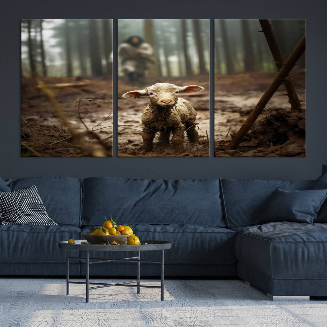 Jesus Running After a Lost Lamb Canvas Wall Art Print