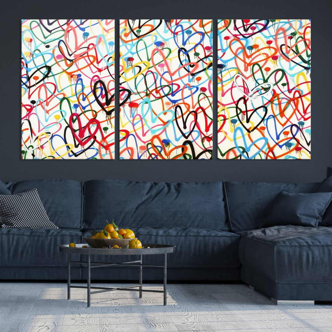 The "Colorful Love Canvas print," featuring vibrant abstract street art with overlapping loops, is handmade in the USA.