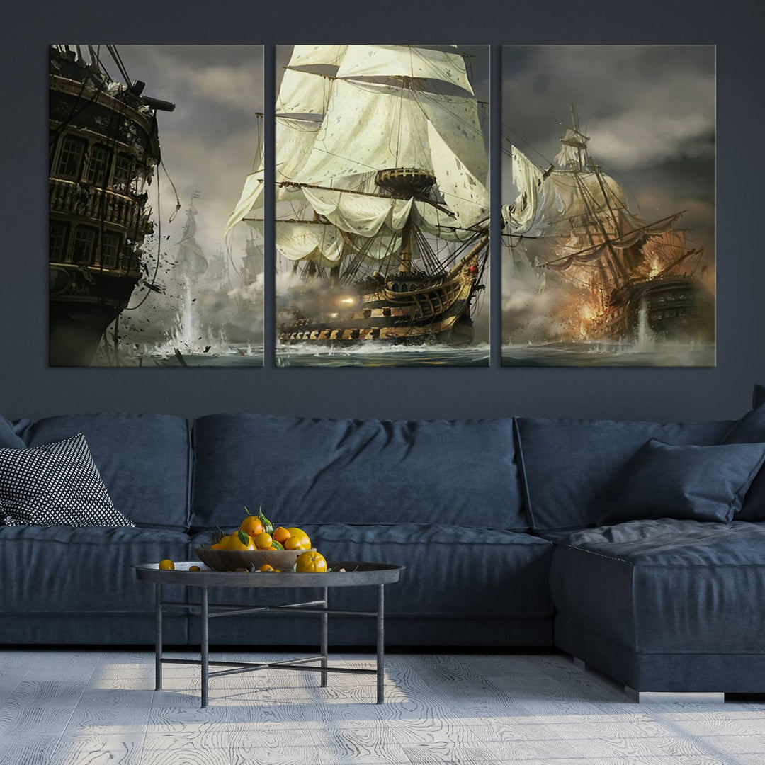 The Pirate Ship War Wall Art Canvas Print, featuring a stunning three-panel depiction of an intense sea battle with tall ships, boasts a gallery-quality finish that adds an elegant touch to its display.