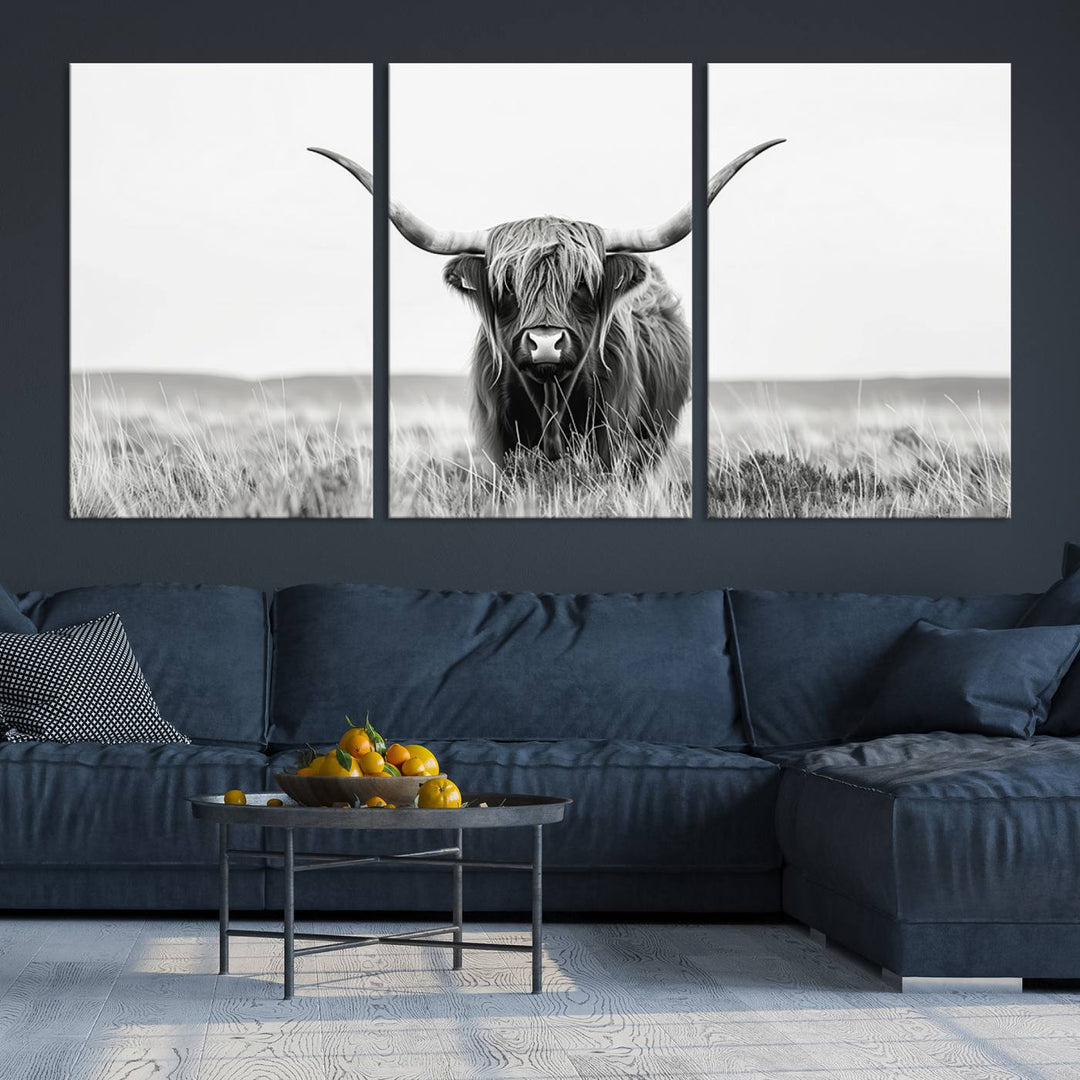 The living room is enhanced by a stunning three-panel Longhorn Wall Art Canvas Print. This museum-quality piece of Texas Longhorn Art comes on a gallery-wrapped canvas with a UV-protective coating to keep it vibrant under everyday light exposure.