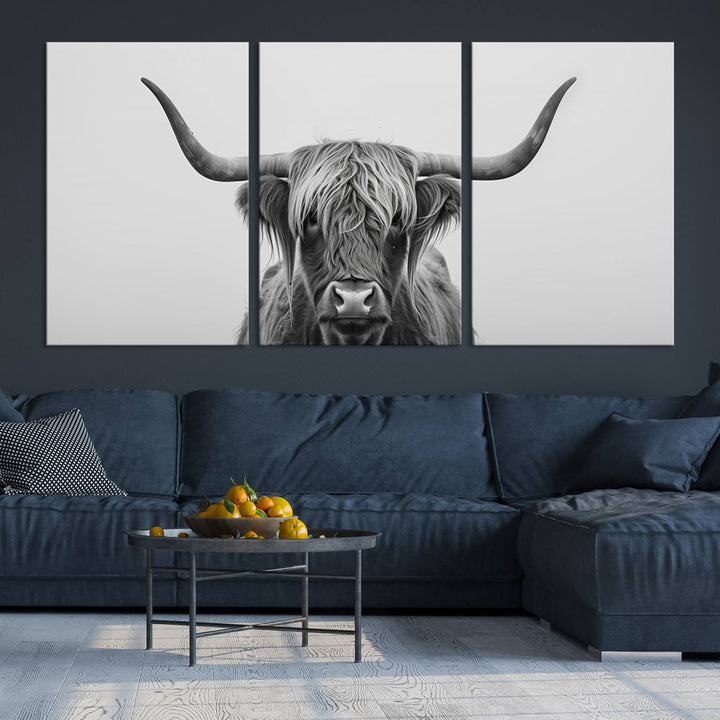 A triptych titled "Farmhouse Longhorn Wall Art Canvas Print, Longhorn Texas Wall Art Canvas Print," rendered in a gallery-quality finish, hangs prominently on the wall.