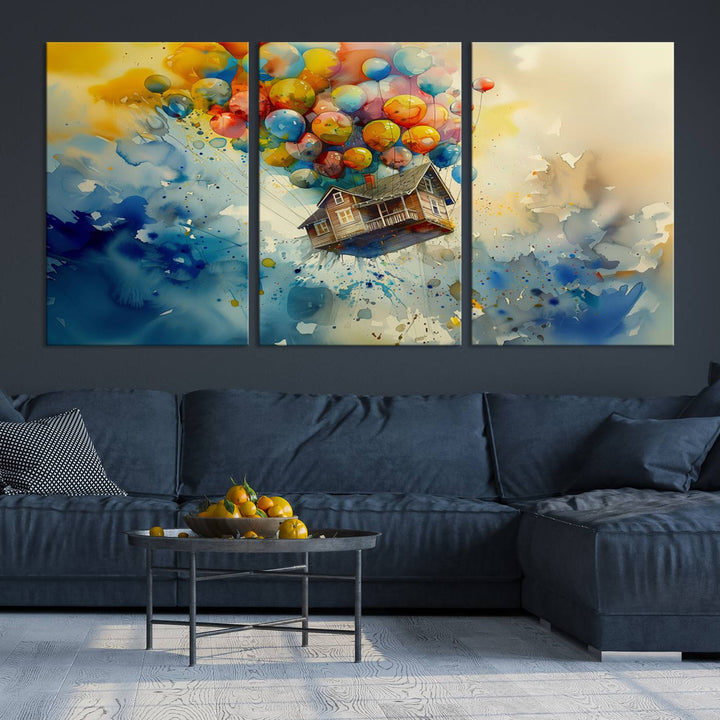 The Cartoon Movie Wall Art Canvas Print, featuring a vibrant house lifted by balloons and split across three panels, serves as captivating wall art. Handmade in the USA, it adds charm and whimsy to any space.