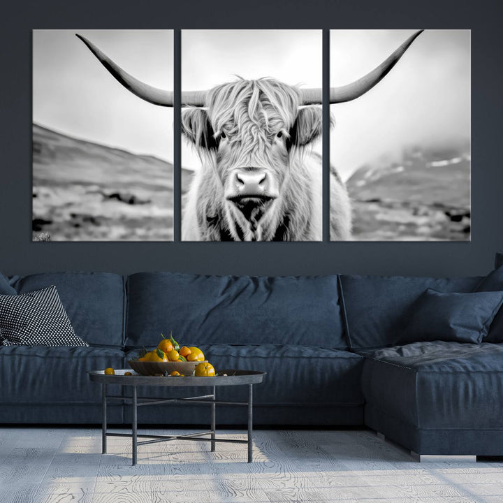 A "Scottish Cow Wall Art Canvas Print" with a gallery-quality finish hangs prominently.