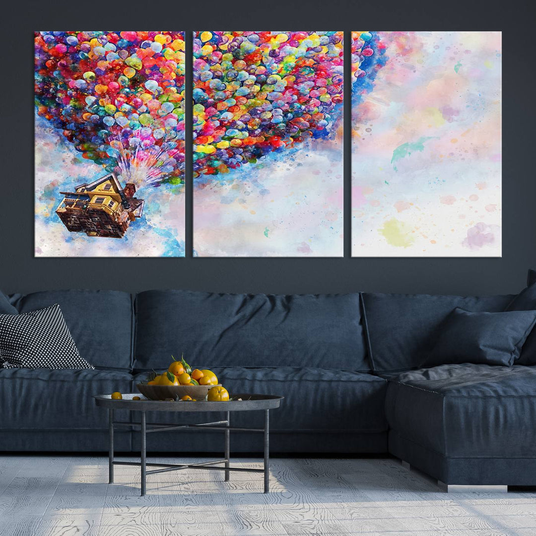 The "Watercolor Cartoon Movie Balloons Canvas Print" is showcased, depicting a whimsical house being lifted by colorful balloons. This triptych wall art is crafted on museum-quality canvases with a UV-protective coating to maintain its vibrant colors, making it ready to hang in any room.