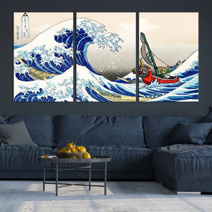 The Katsushika Hokusai Kanagawa Giant Wave Wall Art Canvas Print, featuring iconic Japanese art, brings a touch of modern artistry to the living room.