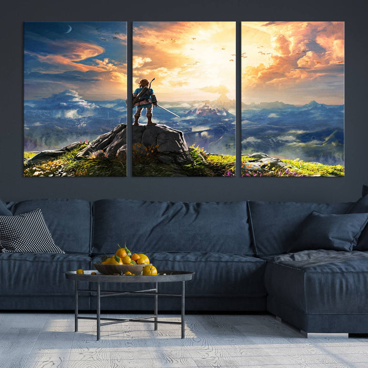 The Legend of Zelda Breath of the Wild Game Wall Art Canvas Print showcases a fantasy landscape with a character on a cliff, all rendered in gallery-quality finish on premium canvas.