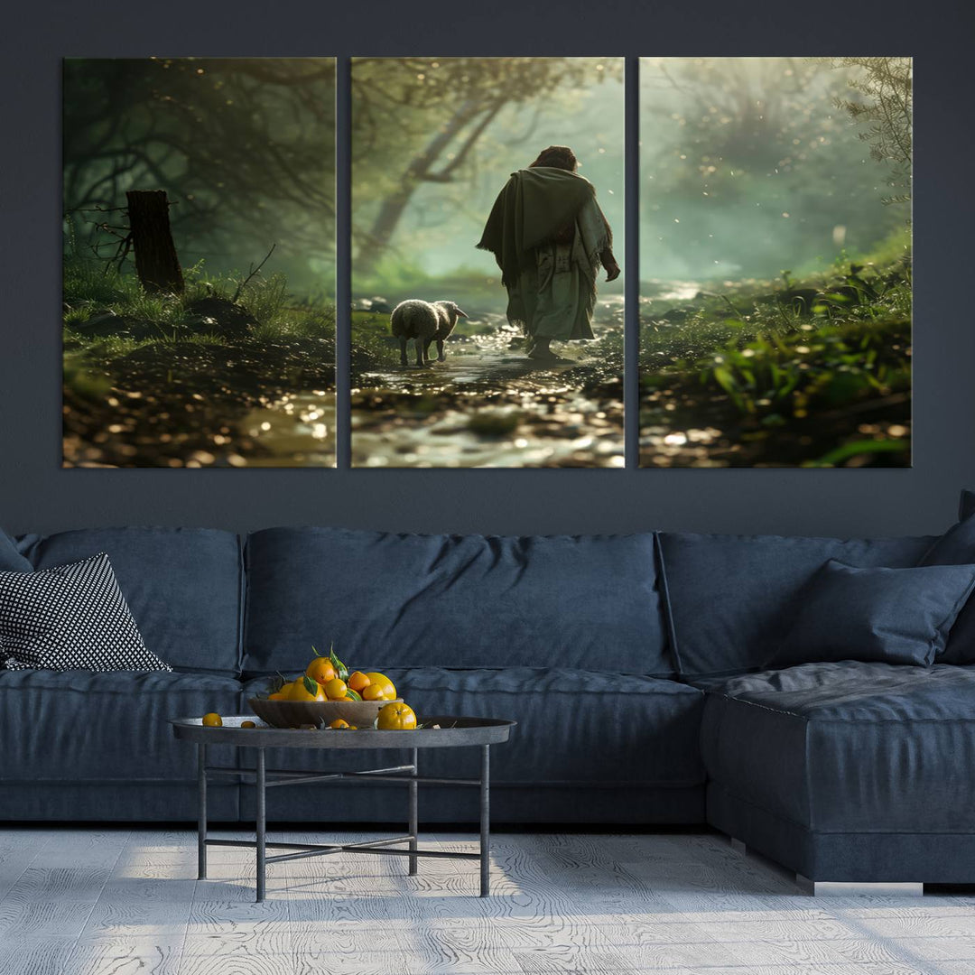 The wall art piece, titled "Jesus Shepherd a Lost Lamb Canvas Wall Art Print," is suspended on the wall and depicts a robed figure and a lamb wandering along a forest path.