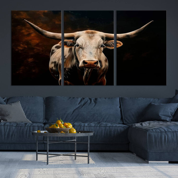 The Texas Longhorn Wall Art, a 3-panel large canvas print, infuses the room with a dash of cowboy charm.