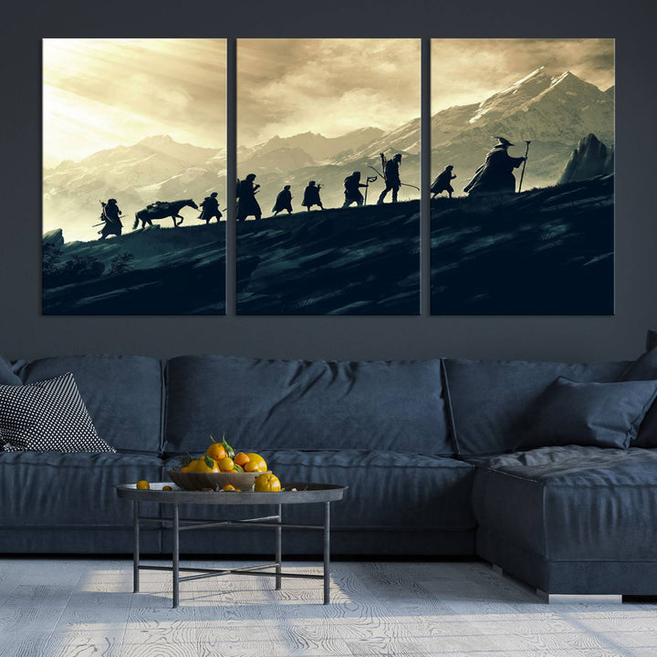 A canvas print titled "Lord of the Rings Silhouette Wall Art Capturing the Epic Quest Through Middle-Earth - The Fellowship's Journey" is displayed.