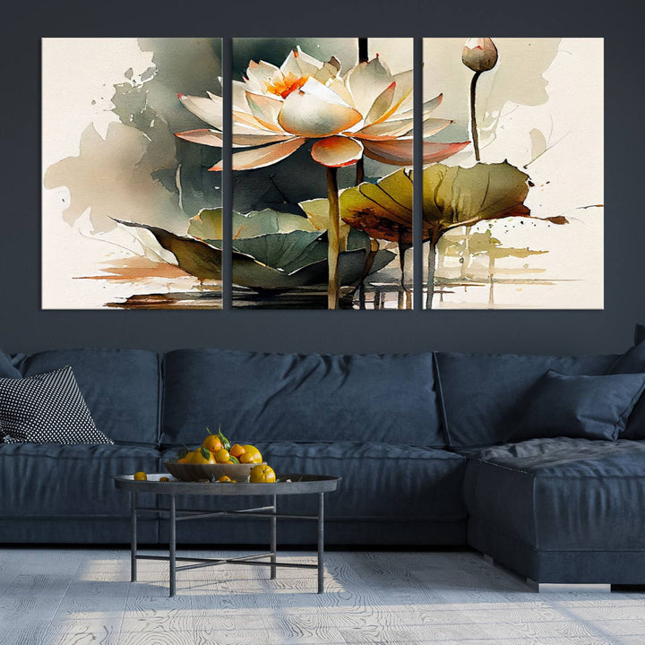 The Lotus Flower Watercolor Canvas Print, a contemporary wall art piece symbolizing serenity and growth with its soft watercolors, adorns the wall.