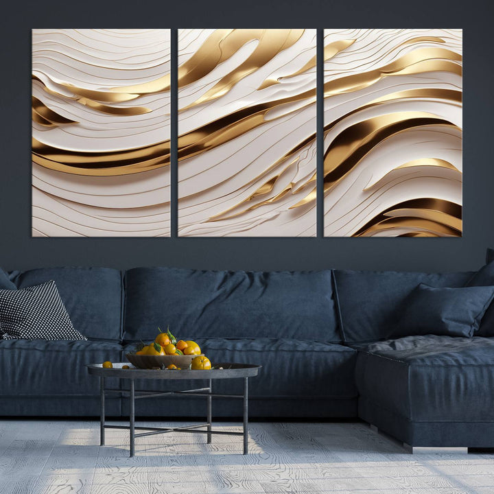 The "Gold and White Abstract Wave Canvas – Elegant Flowing Design with Luxurious Golden Accents" beautifully enhances the area and creates a stunning focal point in the room.