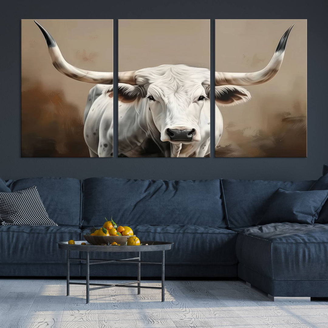 Texas Longhorn Canvas Wall Art features a triptych design on premium canvas with a gallery-quality finish.